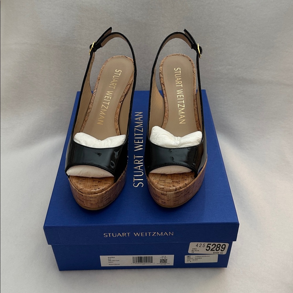 Stuart Weitzman Riviera Black Patent Leather Wedge Sandals
